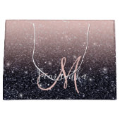 黒モダン色とピンク色のグリッターのスパークル名 ラージペーパーバッグ (正面)