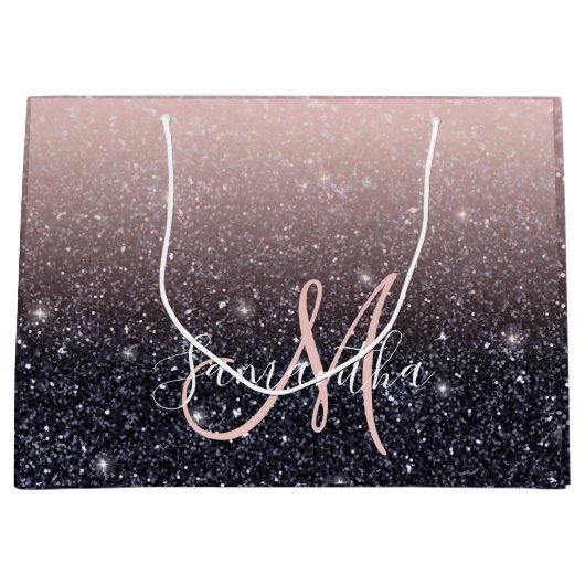 黒モダン色とピンク色のグリッターのスパークル名 ラージペーパーバッグ (正面)