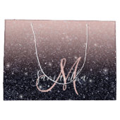 黒モダン色とピンク色のグリッターのスパークル名 ラージペーパーバッグ (裏面)