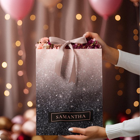 黒モダン色とピンク色のグリッターのスパークル名 ラージペーパーバッグ
