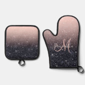 黒モダン色とピンク色のグリッターのスパークル名 鍋つかみ&鍋敷きセット (正面)