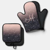 黒モダン色とピンク色のグリッターのスパークル名 鍋つかみ&鍋敷きセット (正面/裏面)