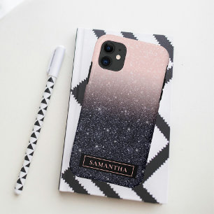 黒モダン色とピンク色のグリッターのスパークル名 iPhone 11 ケース