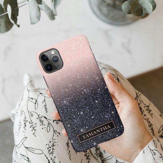 黒モダン色とピンク色のグリッターのスパークル名 iPhoneケース
