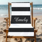 黒モダン色と白のストライプパターン ビーチタオル