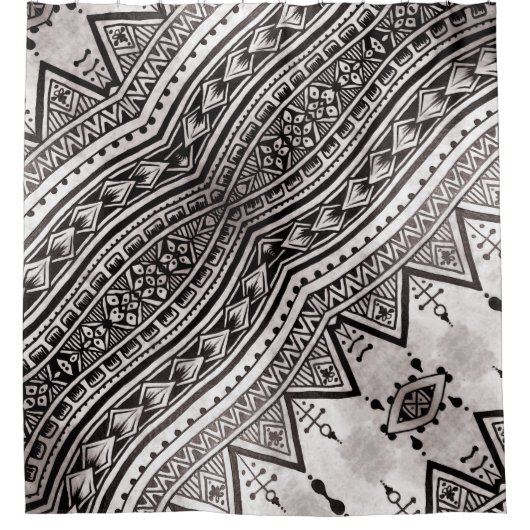 黒モダン色と白の幾何学模様 シャワーカーテン (正面)