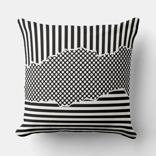 黒モダン色と白の重ねストライプ合いドット クッション (正面)