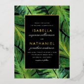 黒モダン色と緑のトロピカル葉結婚の 箔招待状ポストカード (正面)