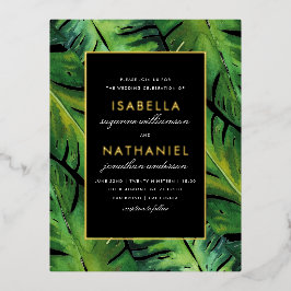 黒モダン色と緑のトロピカル葉結婚の 箔招待状ポストカード