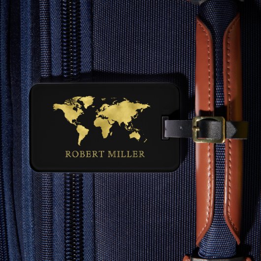 黒モダン色と金ゴールドの世界地図パーソナライズされた ラゲッジタグ (正面インサイチュ4)