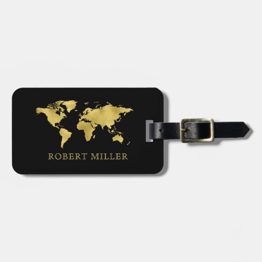 黒モダン色と金ゴールドの世界地図パーソナライズされた ラゲッジタグ (正面横)