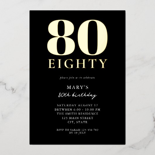 黒モダン色と金ゴールドエレガント80誕生日 箔招待状 (正面)