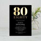 黒モダン色と金ゴールドエレガント80誕生日 箔招待状 (立ち正面)