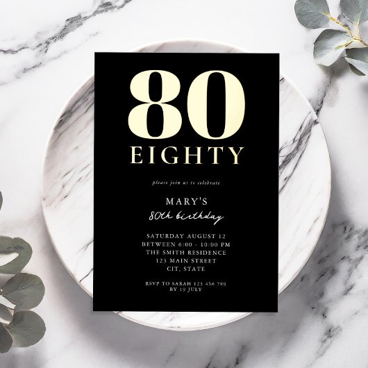 黒モダン色と金ゴールドエレガント80誕生日 箔招待状