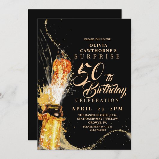 黒モダン色と金ゴールドシャンパン50誕生日 招待状 (正面/裏面)