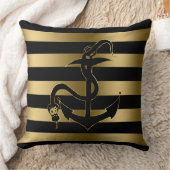 黒モダン色と金ゴールドストライプと航海のいかり クッション (ブランケット)