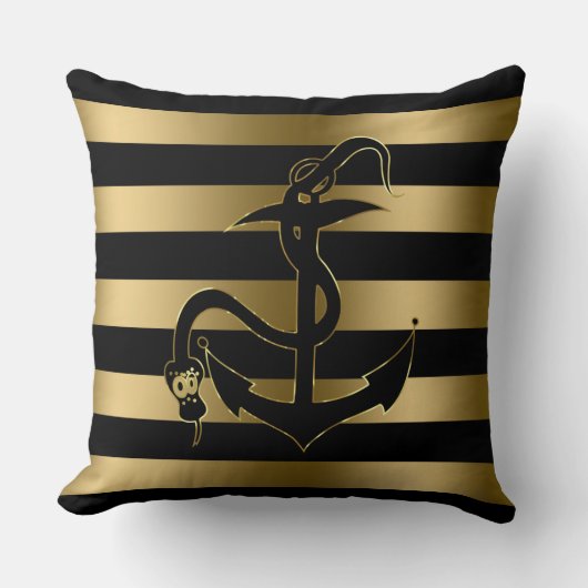 黒モダン色と金ゴールドストライプと航海のいかり クッション (正面)