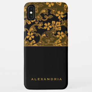 黒モダン色と金ゴールドフローラ 名パーソナライズされた前 iPhone XS MAXケース