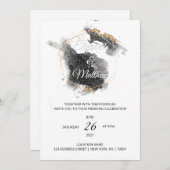 黒モダン色と金ゴールド六角ウォーター結婚色 招待状 (正面/裏面)