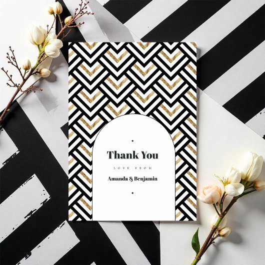 黒モダン色と金ゴールド幾何結婚色の写真 サンキューカード
