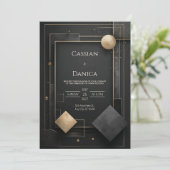 黒モダン色と金ゴールド幾何結婚色 招待状 (スタンド正面)