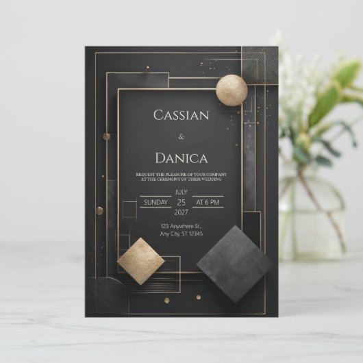 黒モダン色と金ゴールド幾何結婚色 招待状 (スタンド正面)