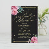 黒モダン色と金ゴールド水色フローラ卒業 招待状 (スタンド正面)