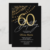 黒モダン色と金ゴールド灯60誕生日 招待状 (正面/裏面)