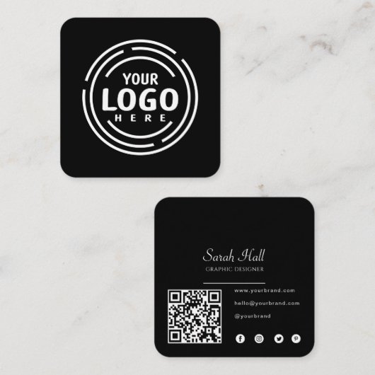 黒モダン色のカスタムロゴとQRコード スクエア名刺 (正面/裏面)