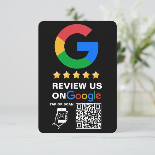黒モダン色のカスタムロゴとQRコードGoogle Review エンクロージャーカード (スタンド正面)
