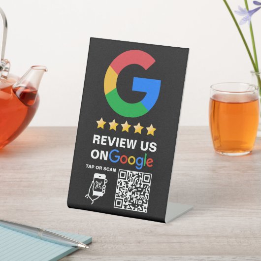 黒モダン色のカスタムロゴとQRコードGoogle Review 台座サイン (インサイチュ)
