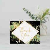 黒モダン色のトロピカル結婚リーフ 箔招待状ポストカード (立ち正面)