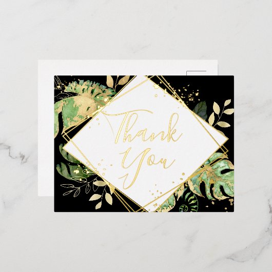 黒モダン色のトロピカル結婚リーフ 箔招待状ポストカード (正面/裏面)