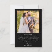 黒モダン色の写真の結婚タイポグラフィ サンキューカード (裏面)
