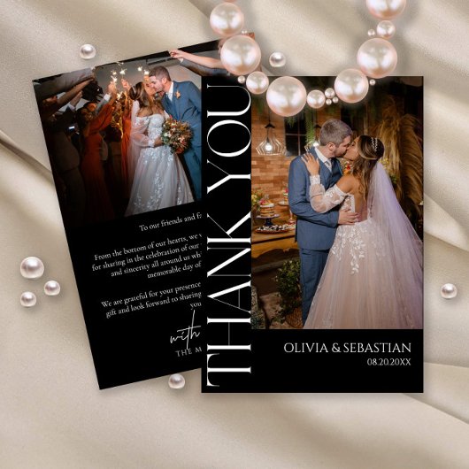 黒モダン色の写真の結婚タイポグラフィ サンキューカード