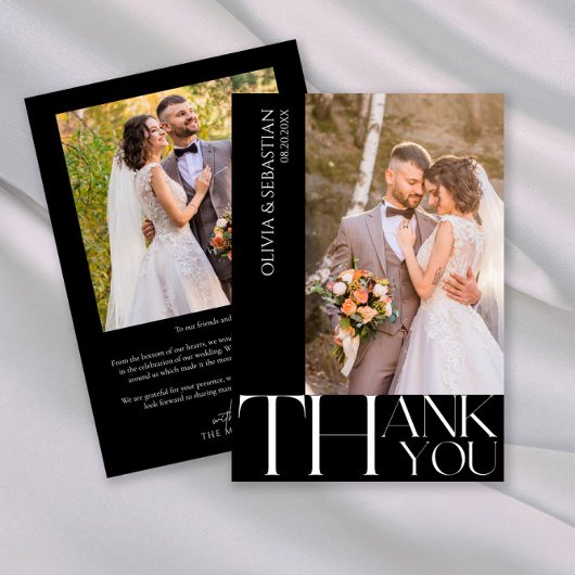 黒モダン色の写真の結婚タイポグラフィ サンキューカード