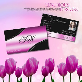 黒モダン色ピンクの曲線モノグラムと写真 名刺