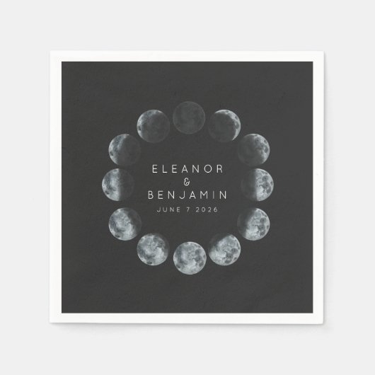 黒モダン色月相結婚のカスタム スタンダードカクテルナプキン (正面)