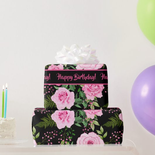 黒モダン色美しいピンクのバラ模様 ラッピングペーパー (パーティーギフト)