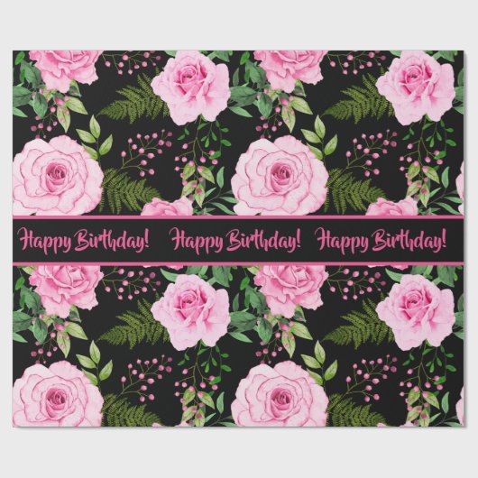 黒モダン色美しいピンクのバラ模様 ラッピングペーパー (フラット)