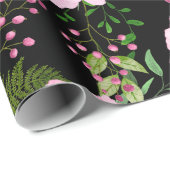 黒モダン色美しいピンクのバラ模様 ラッピングペーパー (ロールコーナー)