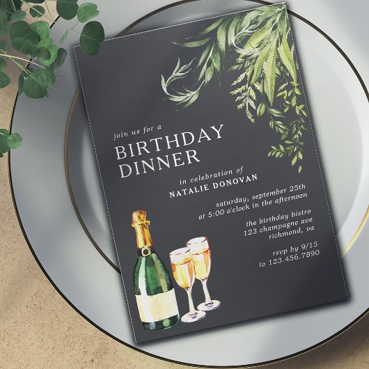 黒モダン色 |シャンパングリーン誕生日ディナー 招待状