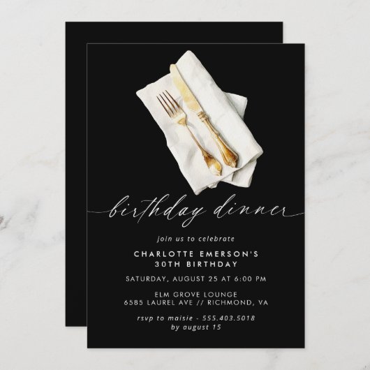 黒モダン色 |スクリプトファンシー誕生日ディナーパーティー 招待状 (正面/裏面)