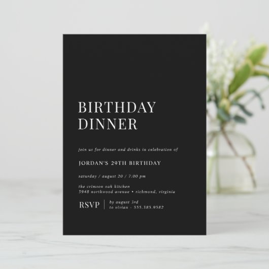 黒モダン色 |ミニマお洒落リスト誕生日ディナー 招待状 (スタンド正面)