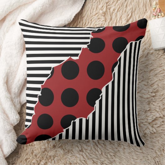 黒モダン色、白および赤のレイヤー付きストライプのドット クッション (ブランケット)