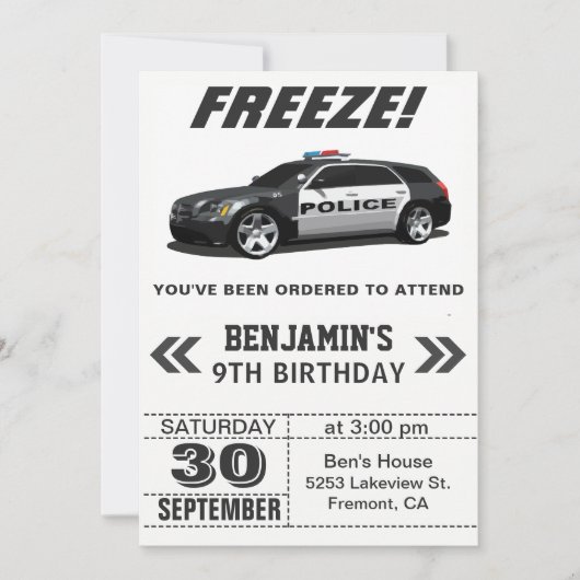 黒モダン警察の車の誕生日パーティーの招待 招待状 (正面)