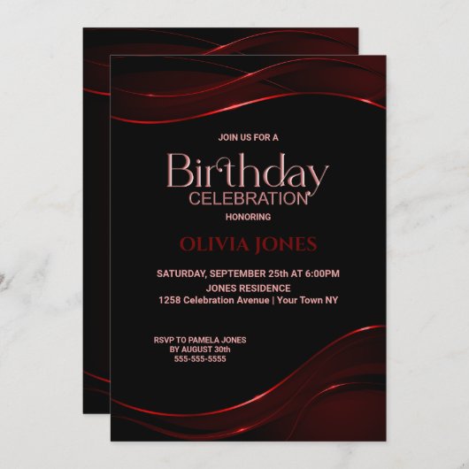 黒モダン赤の誕生日パーティーへの招待 招待状 (正面/裏面)