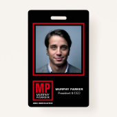 黒モダン赤はっきりした白モノグラムのロゴ写真 バッジ (正面)