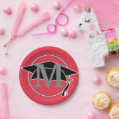 黒モダン赤卒業モノグラムイニシャル ペーパープレート (パーティー)