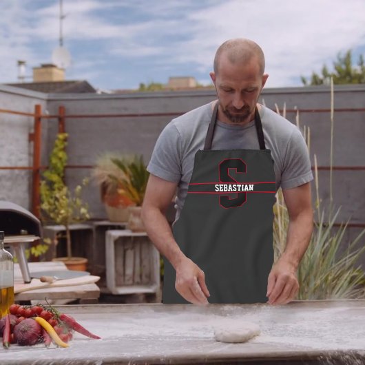 黒モダン赤白モノグラパーソナライズされたム エプロン